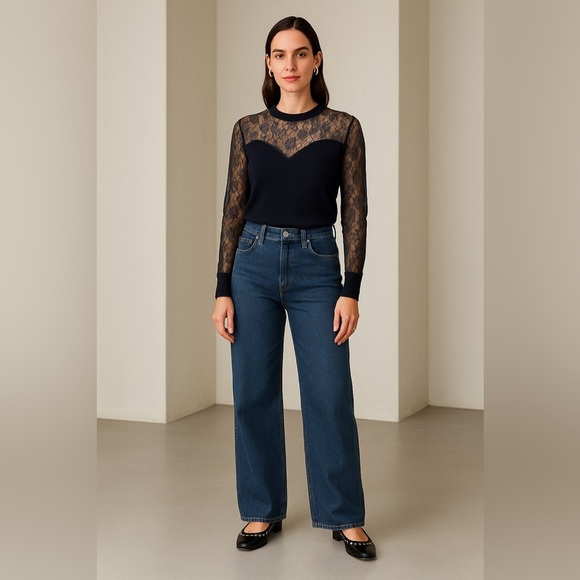 Ramy Brooke Lindsay Sweater Size L Black Lace Cashmere Blend Party Romantic - Picture 2 of 16